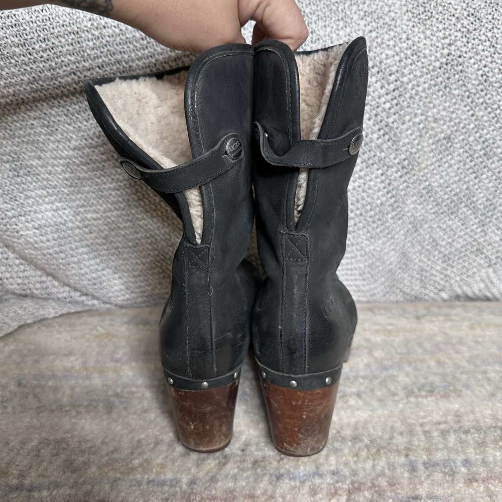 Black Leather Shearling Cuff Clog Boots - Picture 5 of 9